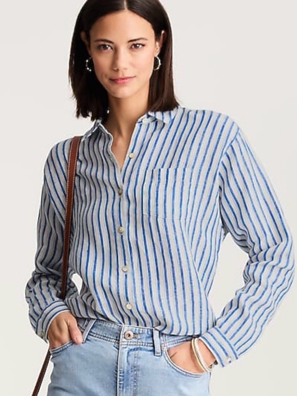 J. Jill Blue and White Striped Linen Button-Front Shirt - Picture 5 of 16